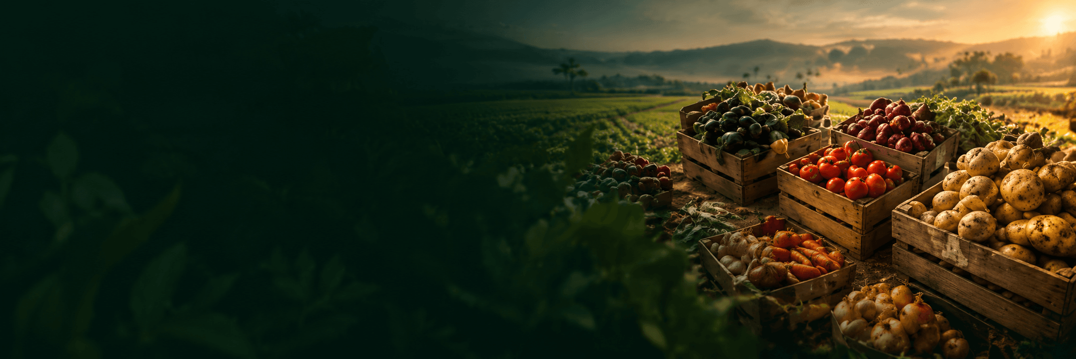 Wooden crates of tomatoes, potatoes, onions and other harvested produce at the edge of a field at sunset