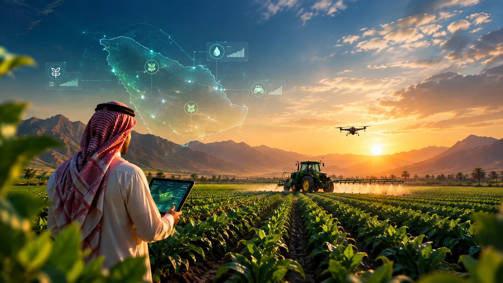 A farmer holding a tablet in a Saudi field at sunset while a tractor sprays the crop rows